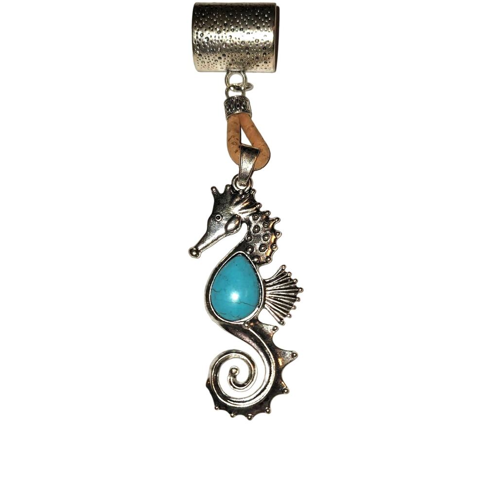 NEW silvertone Black Aged Filigree Metal Scarf Purse Slide Cork Rope SEAHORSE